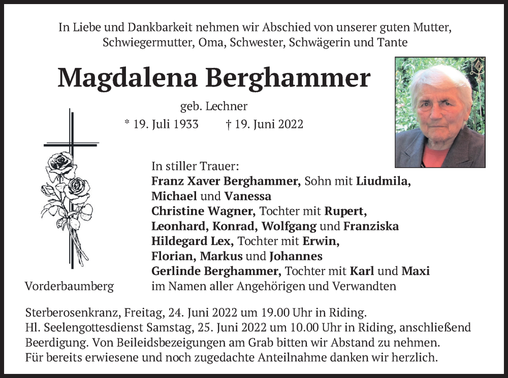  Traueranzeige für Magdalena Berghammer vom 22.06.2022 aus merkurtz