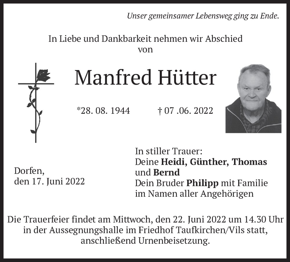  Traueranzeige für Manfred Hütter vom 17.06.2022 aus merkurtz