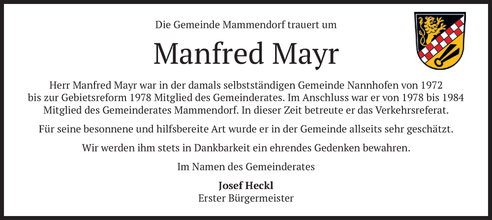  Traueranzeige für Manfred Mayr vom 18.06.2022 aus merkurtz