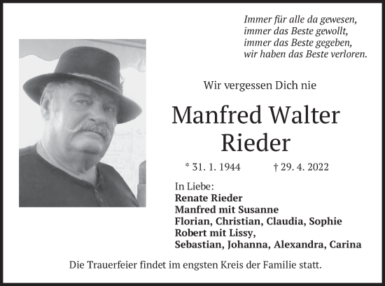 Traueranzeige von Manfred Walter Rieder von merkurtz