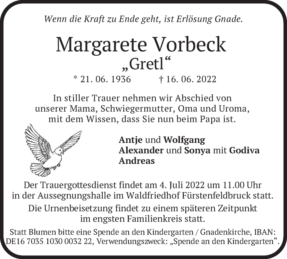  Traueranzeige für Margarete Vorbeck vom 22.06.2022 aus merkurtz