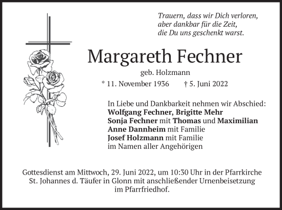 Traueranzeige von Margareth Fechner von merkurtz