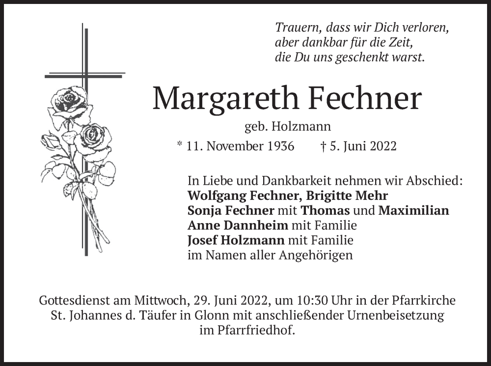  Traueranzeige für Margareth Fechner vom 15.06.2022 aus merkurtz