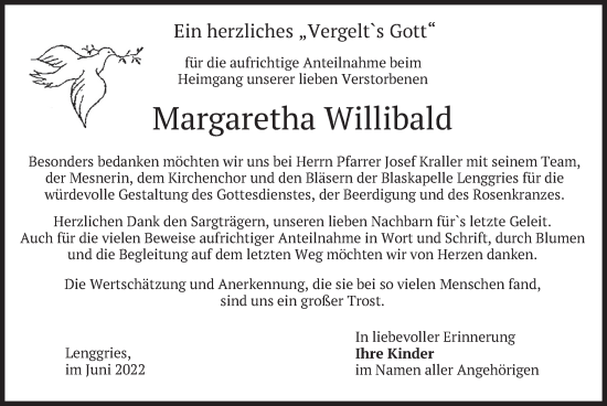 Traueranzeige von Margaretha Willibald von merkurtz