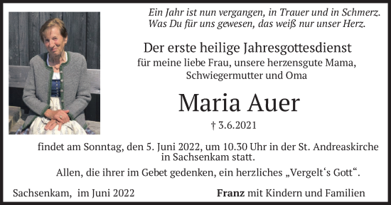 Traueranzeige von Maria Auer von merkurtz