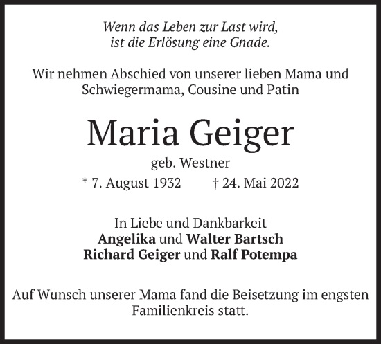 Traueranzeige von Maria Geiger von merkurtz