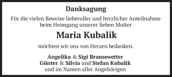 Traueranzeige von Maria Kubalik von merkurtz