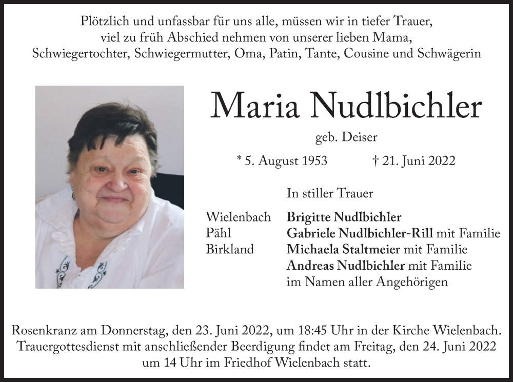  Traueranzeige für Maria Nudlbichler vom 23.06.2022 aus merkurtz