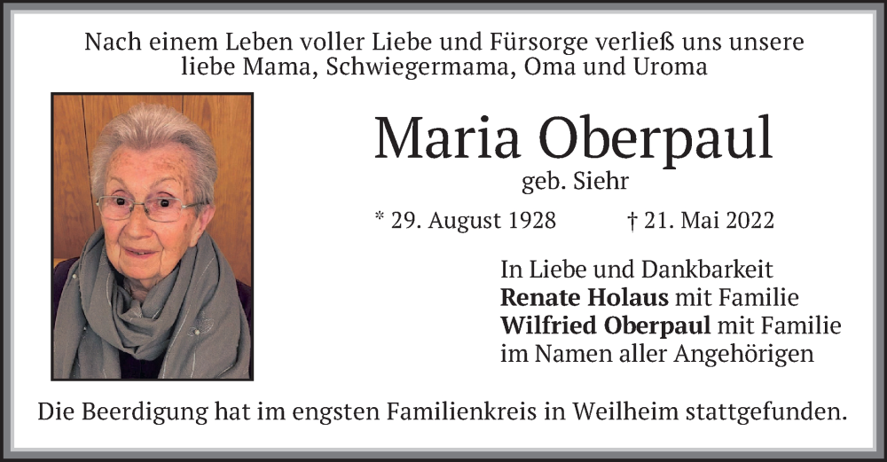  Traueranzeige für Maria Oberpaul vom 11.06.2022 aus merkurtz