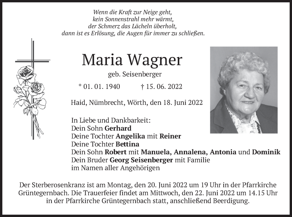  Traueranzeige für Maria Wagner vom 18.06.2022 aus merkurtz
