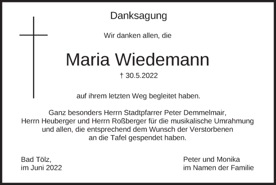 Traueranzeige von Maria Wiedemann von merkurtz