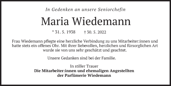 Traueranzeige von Maria Wiedemann von merkurtz