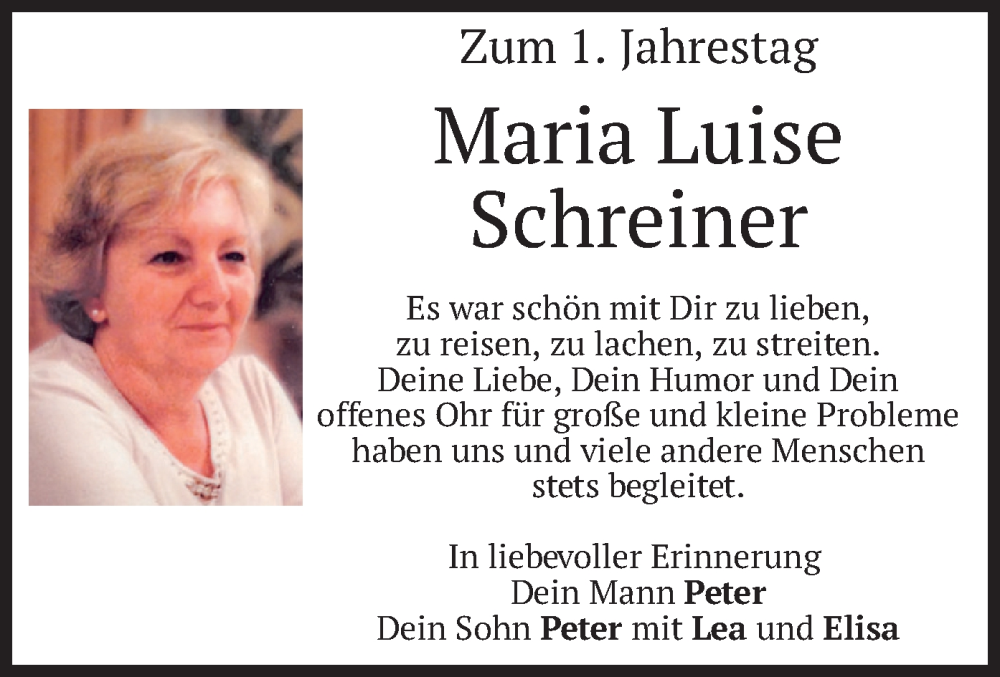  Traueranzeige für Maria Luise Schreiner vom 29.06.2022 aus merkurtz