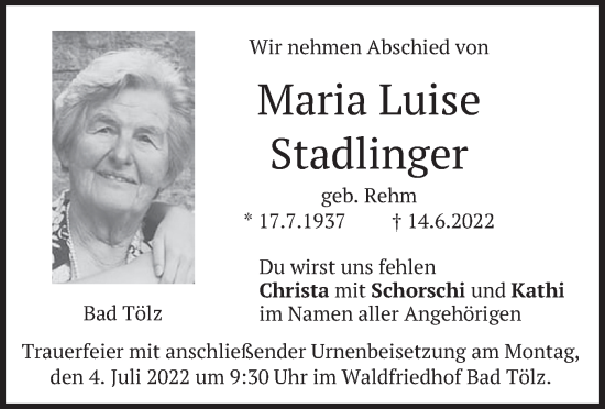 Traueranzeige von Maria Luise Stadlinger von merkurtz