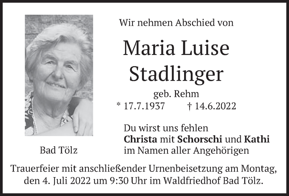  Traueranzeige für Maria Luise Stadlinger vom 30.06.2022 aus merkurtz