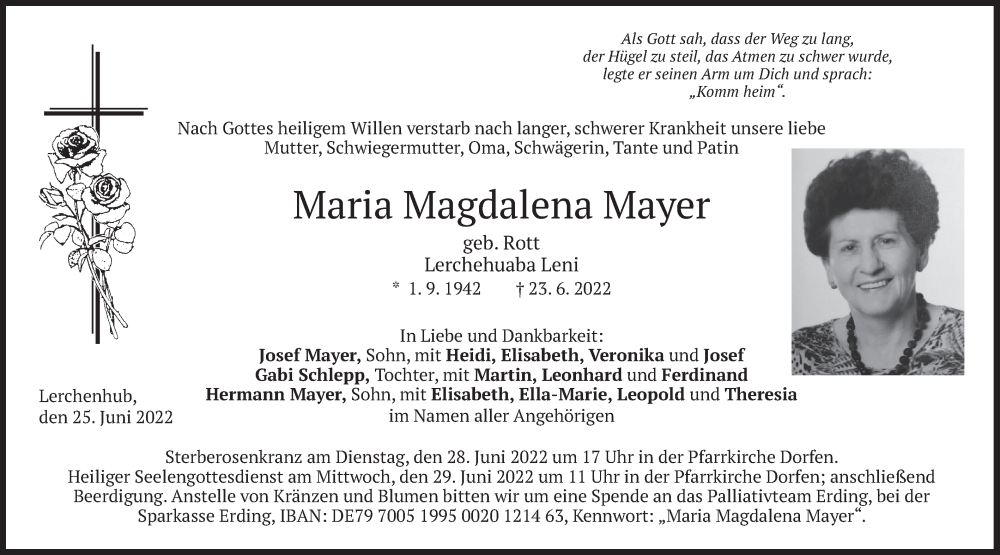  Traueranzeige für Maria Magdalena Mayer vom 25.06.2022 aus merkurtz