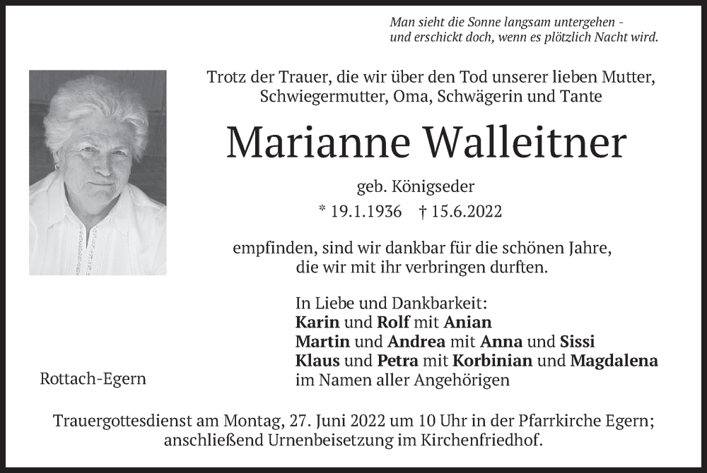  Traueranzeige für Marianne Walleitner vom 25.06.2022 aus merkurtz