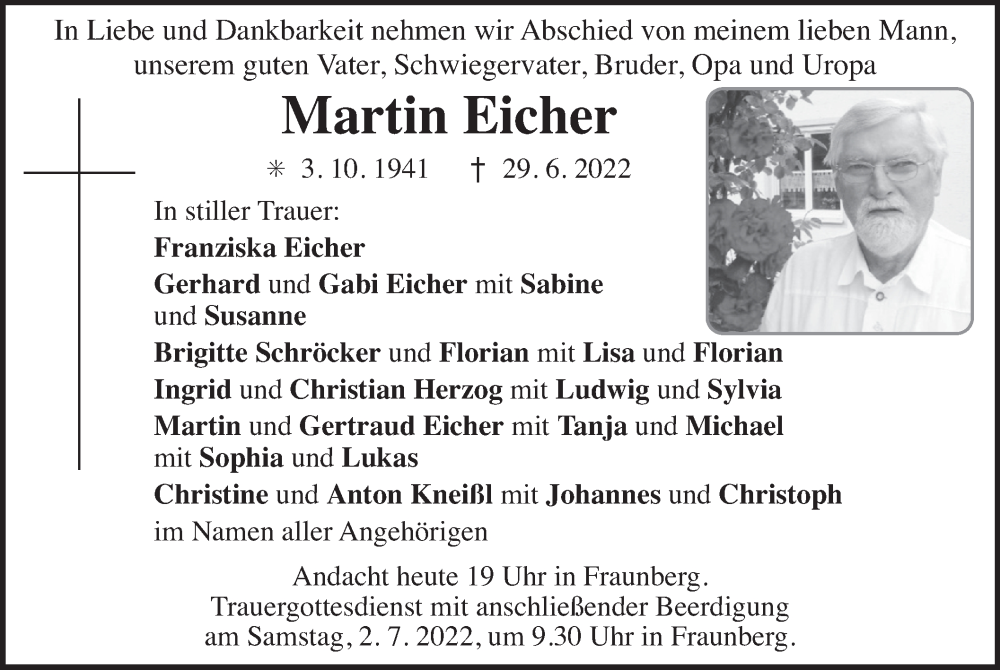  Traueranzeige für Martin Eicher vom 30.06.2022 aus merkurtz