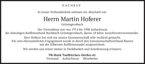 Traueranzeige von Martin Hoferer von merkurtz