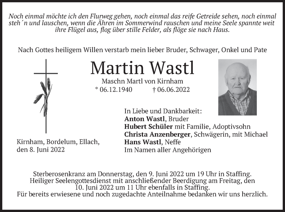  Traueranzeige für Martin Wastl vom 08.06.2022 aus merkurtz