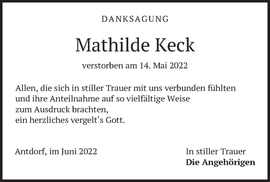 Traueranzeige von Mathilde Keck von merkurtz