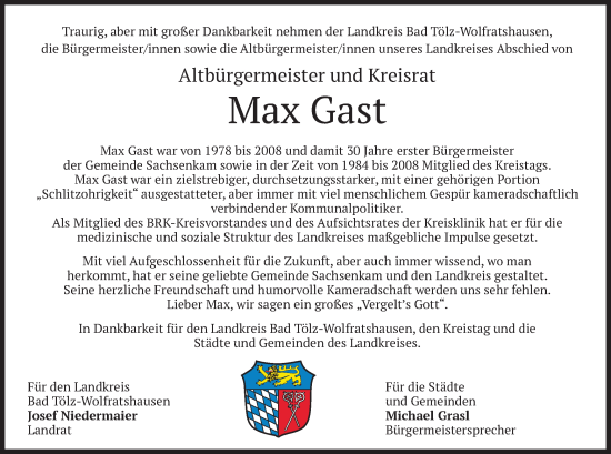 Traueranzeige von Max Gast von merkurtz