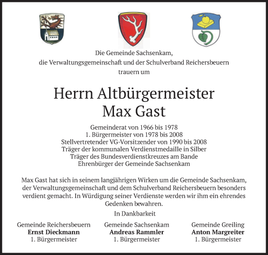 Traueranzeige von Max Gast von merkurtz