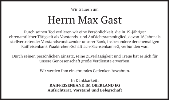 Traueranzeige von Max Gast von merkurtz