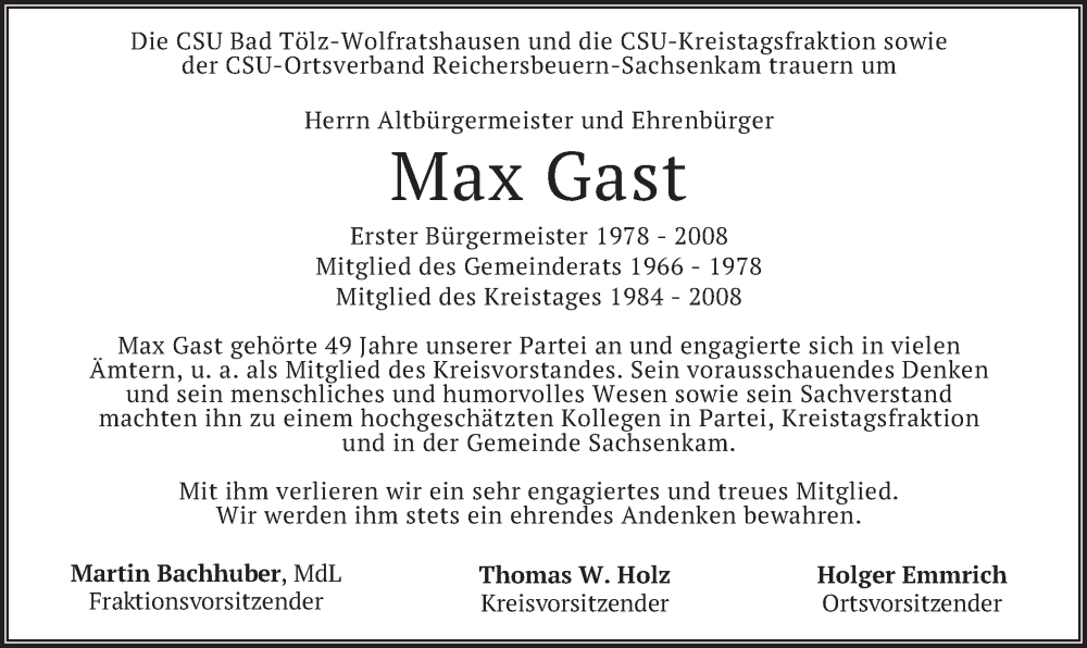 Traueranzeige für Max Gast vom 27.06.2022 aus merkurtz