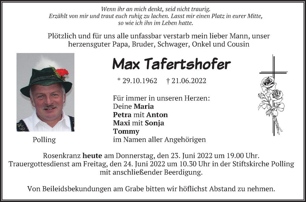  Traueranzeige für Max Tafertshofer vom 23.06.2022 aus merkurtz