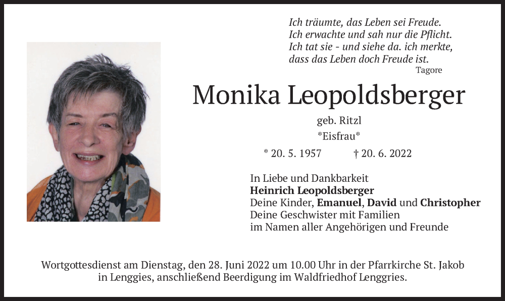  Traueranzeige für Monika Leopoldsberger vom 25.06.2022 aus merkurtz