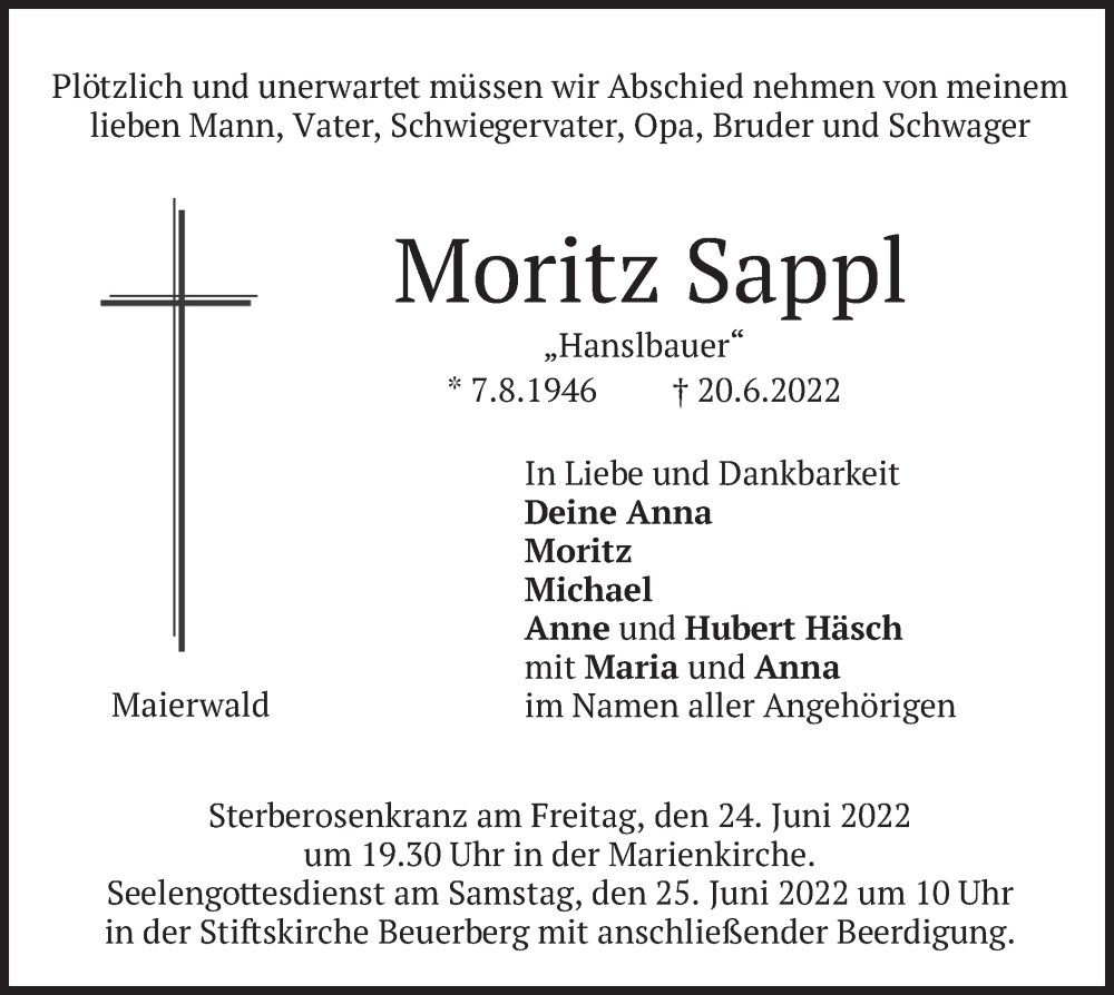  Traueranzeige für Moritz Sappl vom 23.06.2022 aus merkurtz