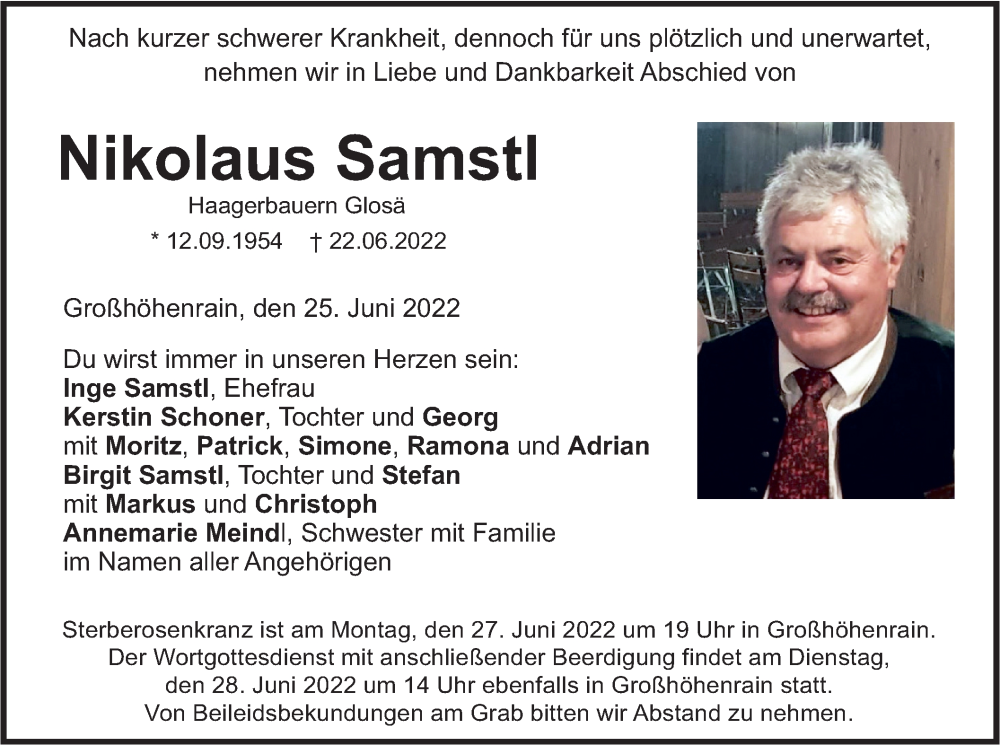  Traueranzeige für Nikolaus Samstl vom 25.06.2022 aus merkurtz