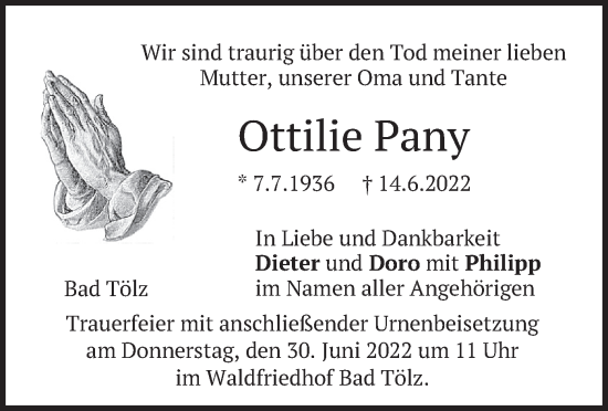 Traueranzeige von Ottilie Pany von merkurtz