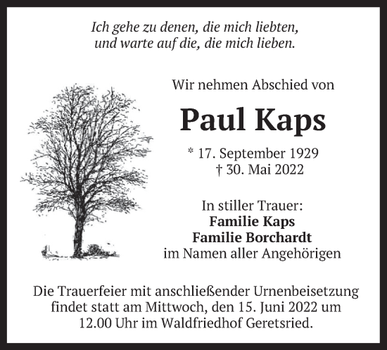 Traueranzeige von Paul Kaps von merkurtz