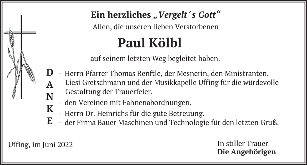  Traueranzeige für Paul Kölbl vom 04.06.2022 aus merkurtz
