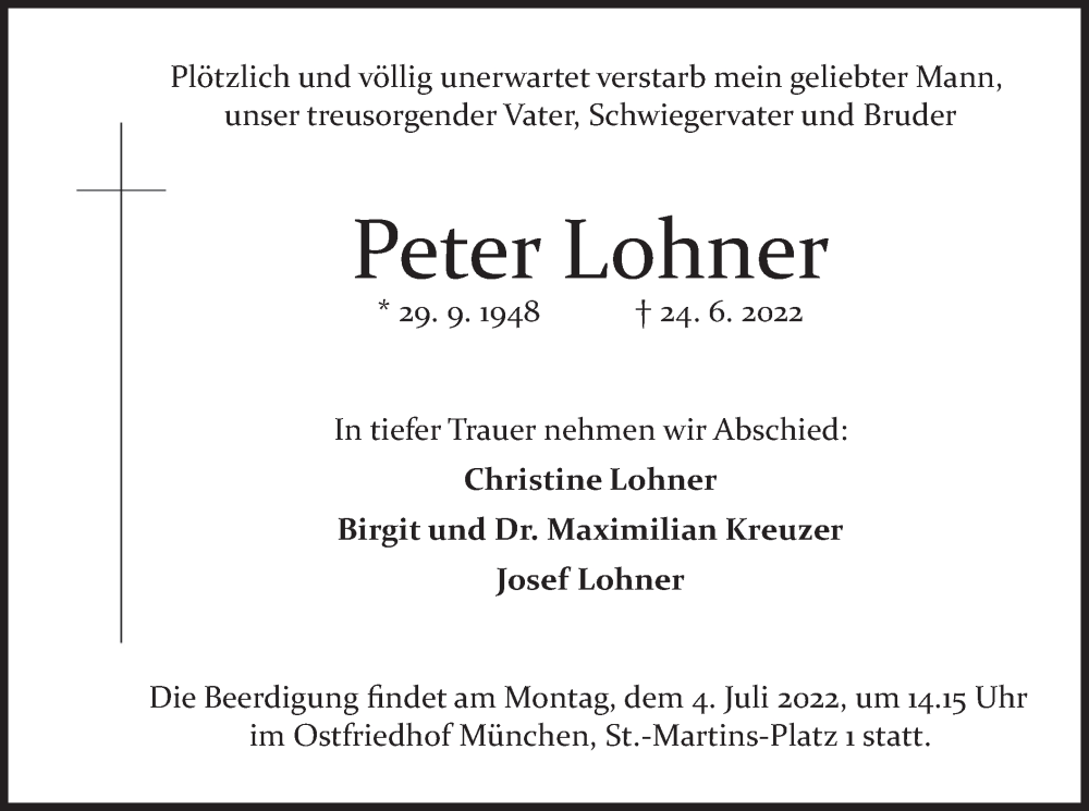  Traueranzeige für Peter Lohner vom 29.06.2022 aus merkurtz