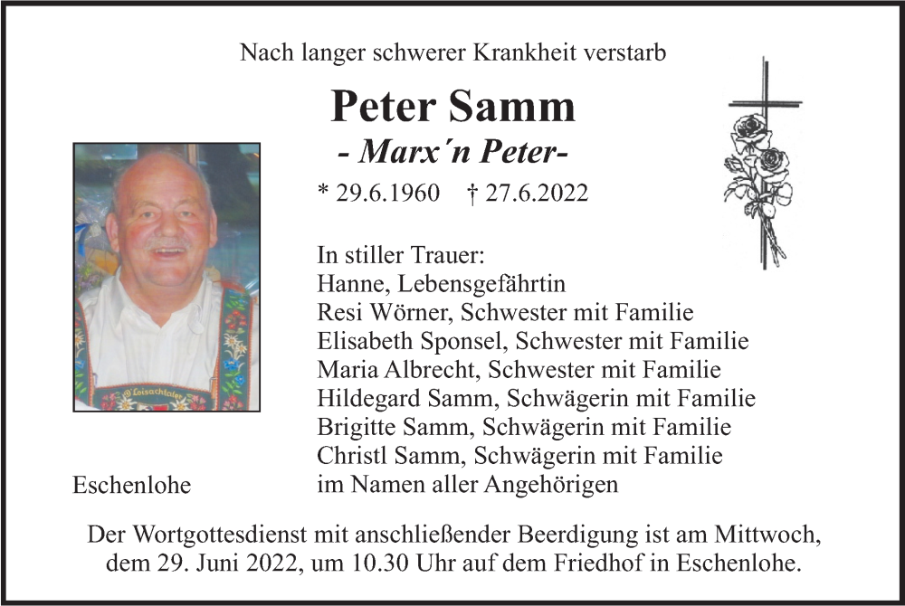  Traueranzeige für Peter Samm vom 28.06.2022 aus merkurtz