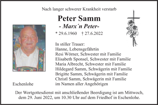 Traueranzeige von Peter Samm von merkurtz