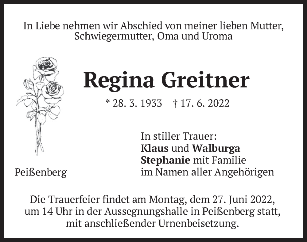  Traueranzeige für Regina Greitner vom 24.06.2022 aus merkurtz