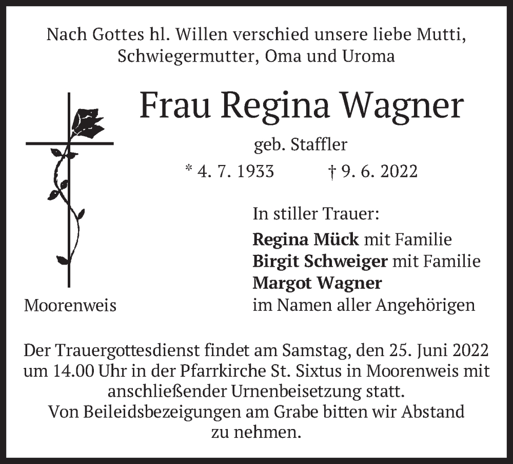  Traueranzeige für Regina Wagner vom 18.06.2022 aus merkurtz