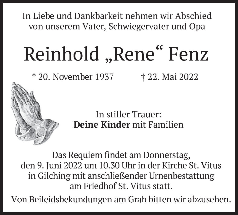  Traueranzeige für Reinhold  Fenz vom 04.06.2022 aus merkurtz