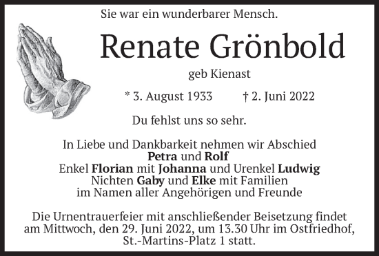 Traueranzeige von Renate Grönbold von merkurtz
