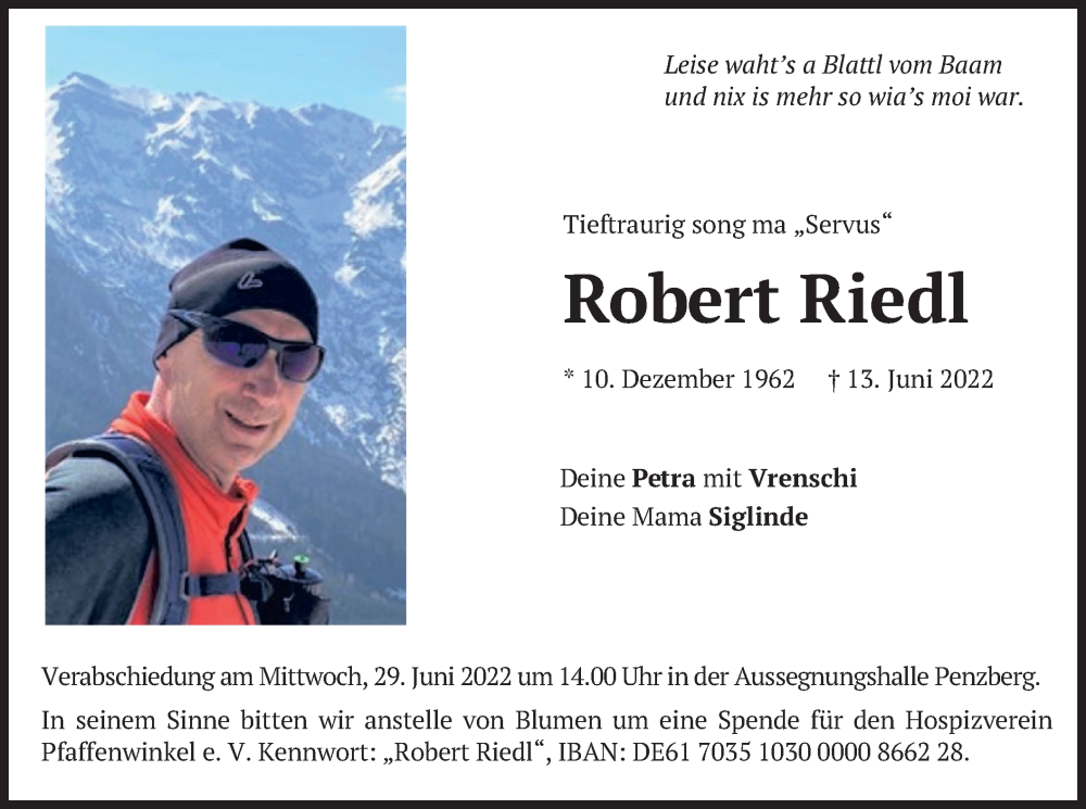  Traueranzeige für Robert Riedl vom 25.06.2022 aus merkurtz