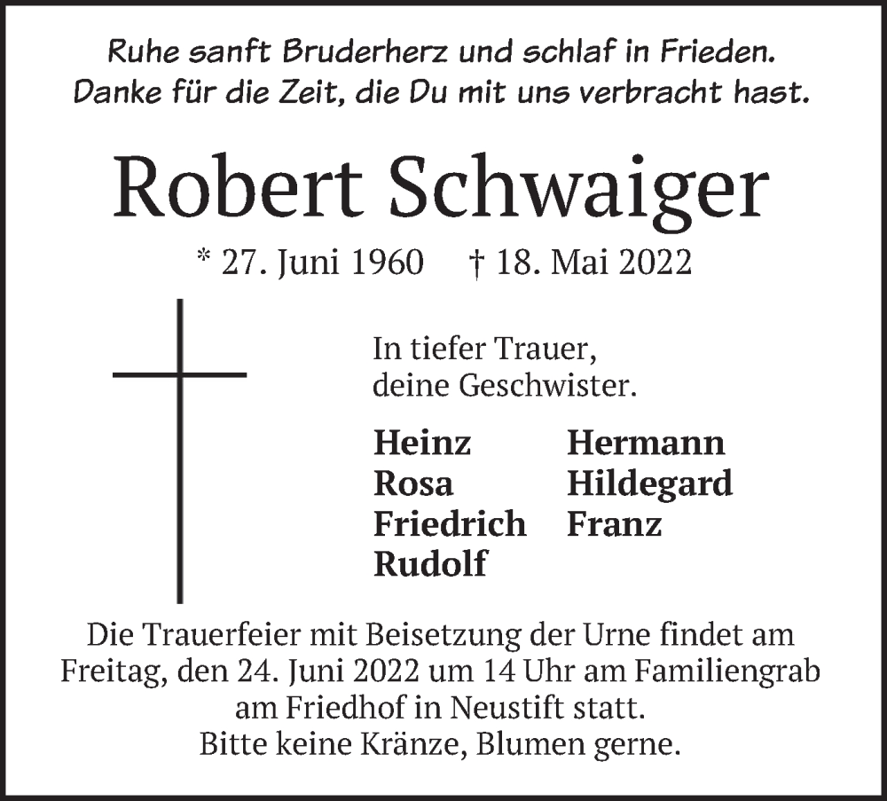  Traueranzeige für Robert Schwaiger vom 21.06.2022 aus merkurtz
