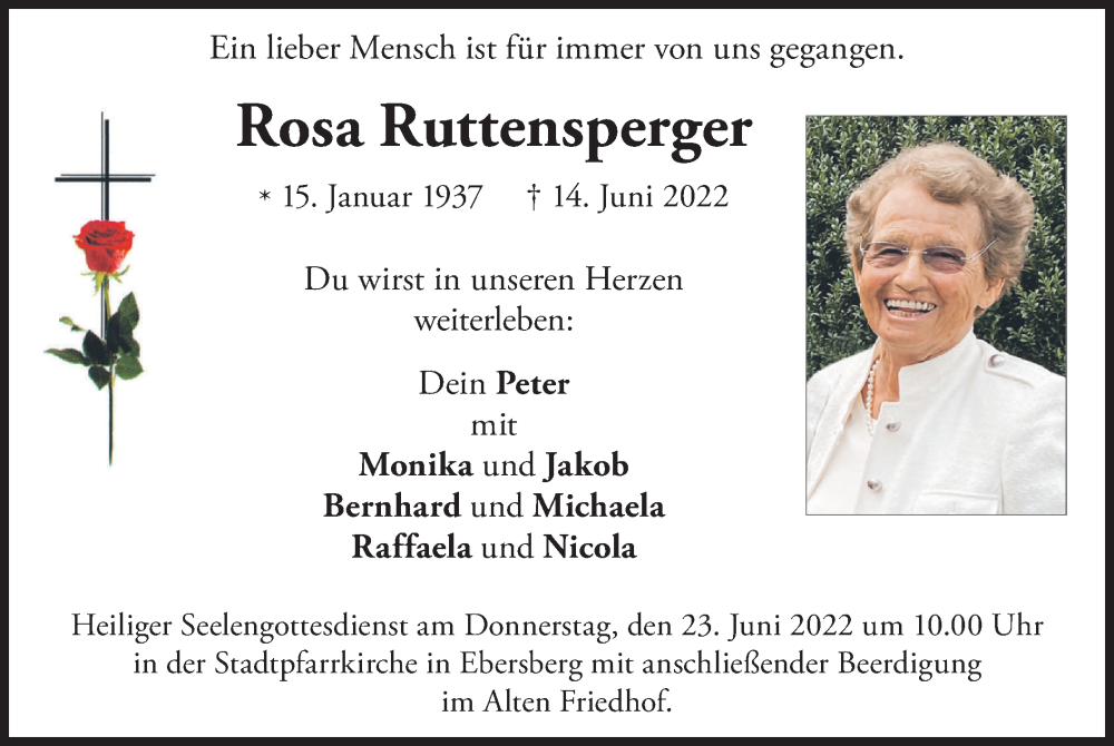  Traueranzeige für Rosa Ruttensperger vom 18.06.2022 aus merkurtz