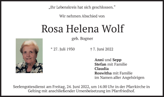 Traueranzeige von Rosa Helena Wolf von merkurtz