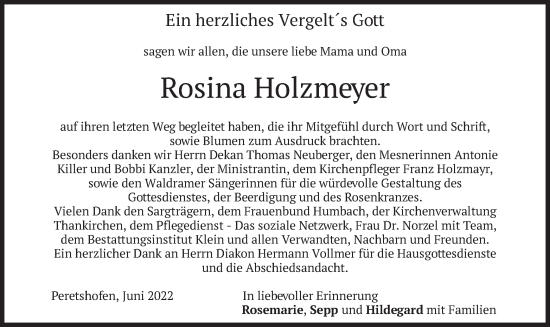Traueranzeige von Rosina Holzmeyer von merkurtz