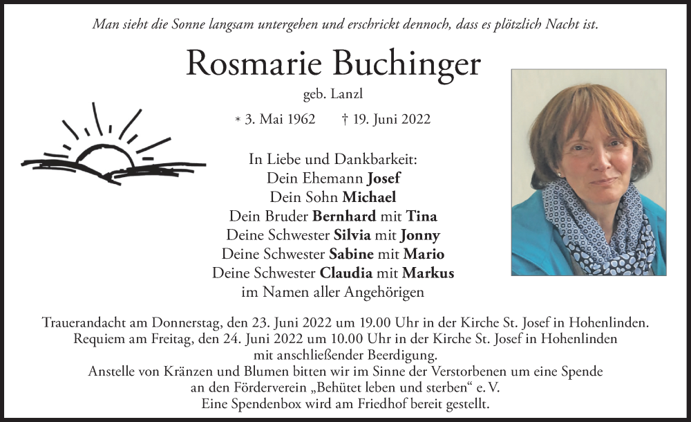  Traueranzeige für Rosmarie Buchinger vom 22.06.2022 aus merkurtz