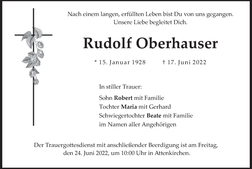  Traueranzeige für Rudolf Oberhauser vom 21.06.2022 aus merkurtz